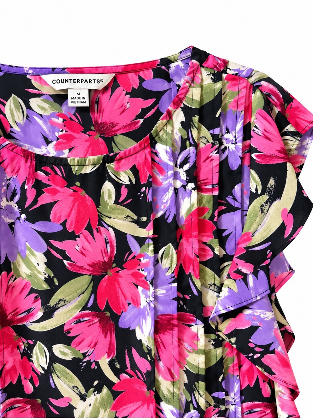 Counterparts Black Floral Ruffle Sleeve Blouse — Pink & Purple